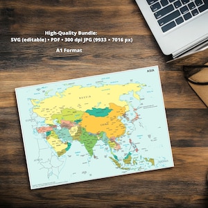 May include: A colorful map of Asia, with countries labeled in various colors. The map is on a wooden surface, with a laptop and notebook in the background. The text "High-Quality Bundle" and "A1 Format" are visible.