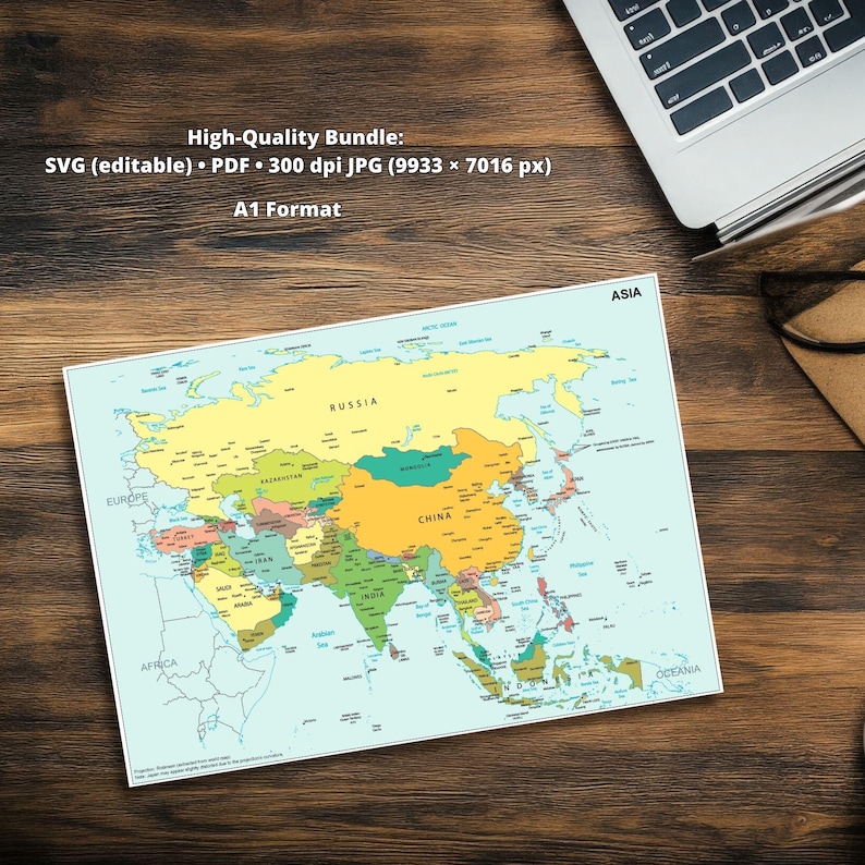 May include: A colorful map of Asia, with countries labeled in various colors. The map is on a wooden surface, with a laptop and notebook in the background. The text "High-Quality Bundle" and "A1 Format" are visible.