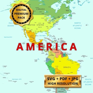 Puede incluir: Un mapa colorido de las Américas, con países delineados en varios colores. La palabra "AMERICA" se muestra prominentemente en rojo. Incluye una insignia "DIGITAL PREMIUM PACK" y una pancarta que dice "SVG + PDF + JPG ALTA RESOLUCIÓN".