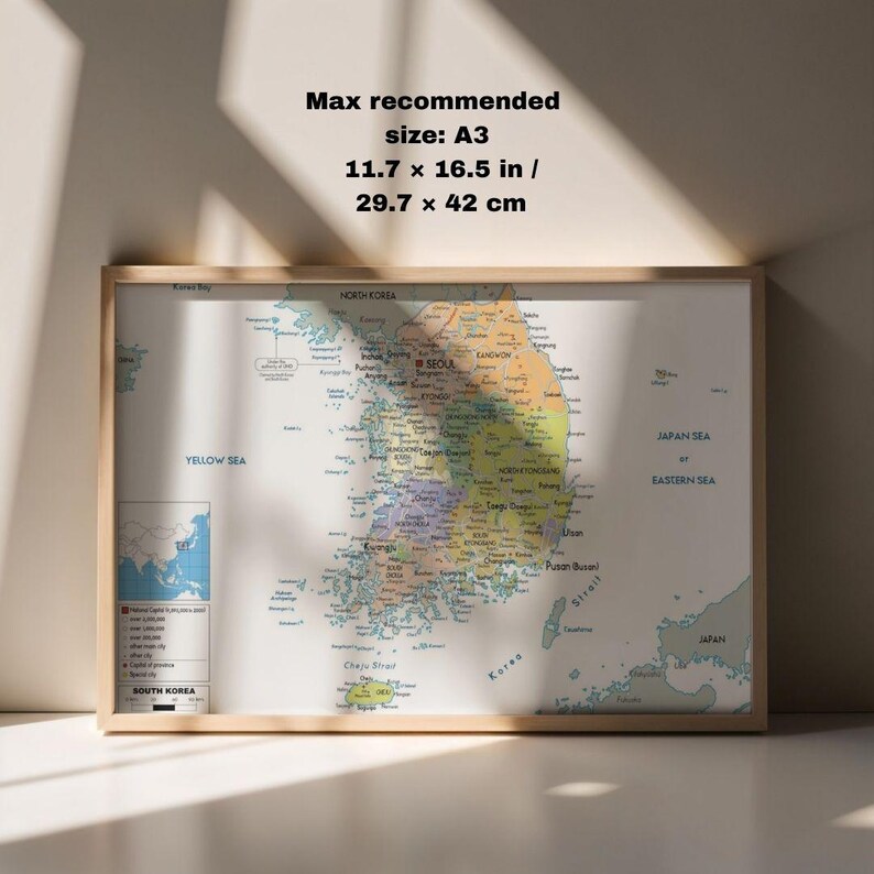 Sehr detaillierte Südkorea-Karte zum Ausdrucken, Set mit 3 Karten im A3-Format: Politische Karte, Topografie und Straßennetz – ideal für Klassenzimmer, Büro oder als Dekoration zu Hause. Bild 14