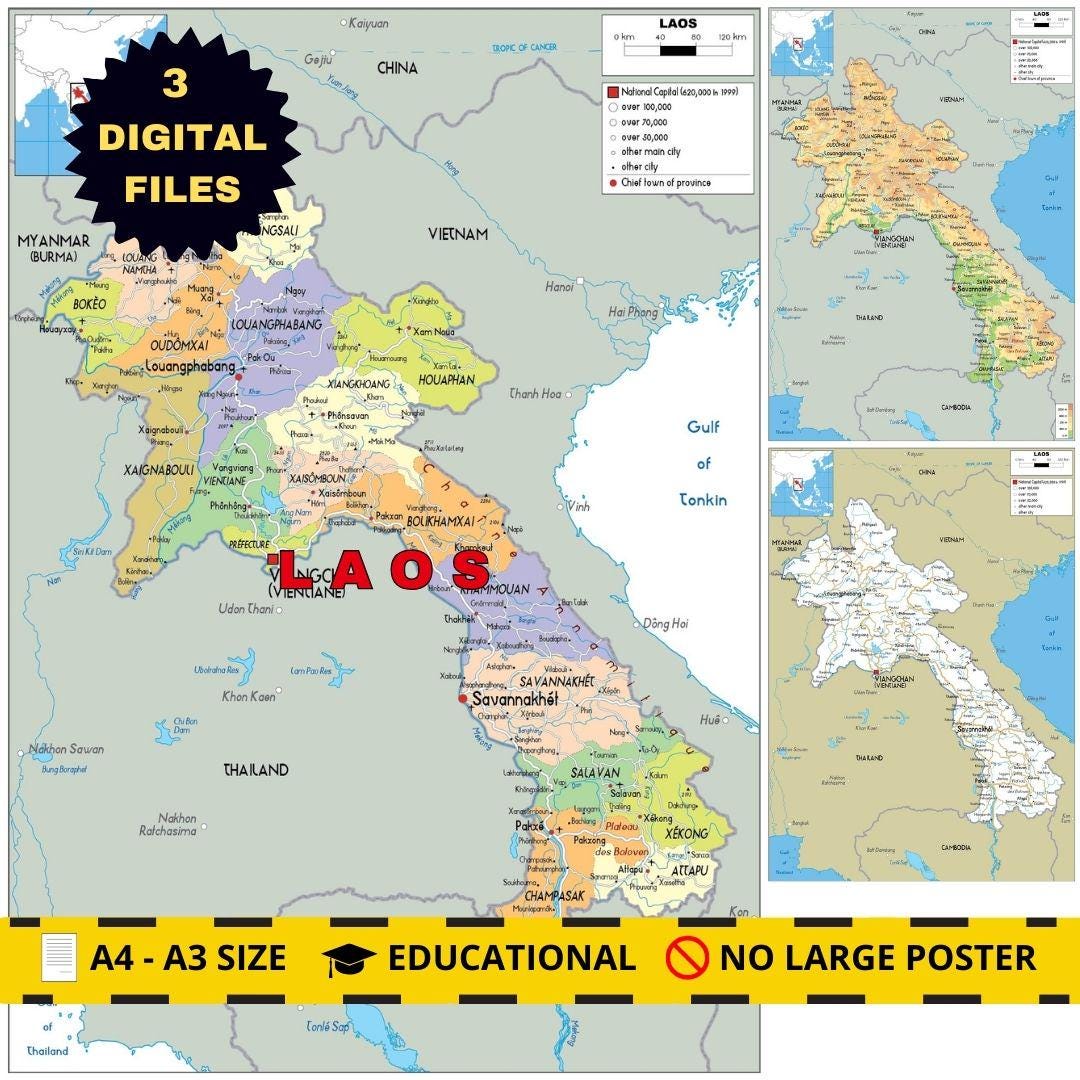 Laos Map Pack 3 Styles Included (printable A3 Size) - Etsy