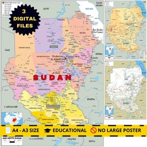 Puede incluir: Un mapa detallado de Sudán, con fronteras políticas y características geográficas. Incluye el texto "3 DIGITAL FILES", "A4 - A3 SIZE", y "EDUCATIONAL". La palabra "SUDAN" se muestra en rojo.
