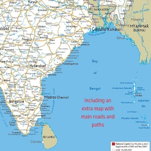 Pu&ograve; includere: Una mappa dell'India con le principali citt&agrave; e strade etichettate. La mappa include il Golfo del Bengala, le isole Andamane e Nicobare e lo Sri Lanka. La mappa include anche una chiave che indica le capitali nazionali e le citt&agrave; con popolazioni superiori a 10 milioni.