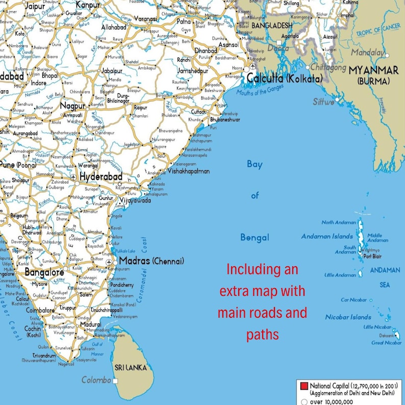 Pu&ograve; includere: Una mappa dell'India con le principali citt&agrave; e strade etichettate. La mappa include il Golfo del Bengala, le isole Andamane e Nicobare e lo Sri Lanka. La mappa include anche una chiave che indica le capitali nazionali e le citt&agrave; con popolazioni superiori a 10 milioni.