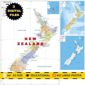 New Zealand Political Map Printable + 2 Bonus Topography & Roads
