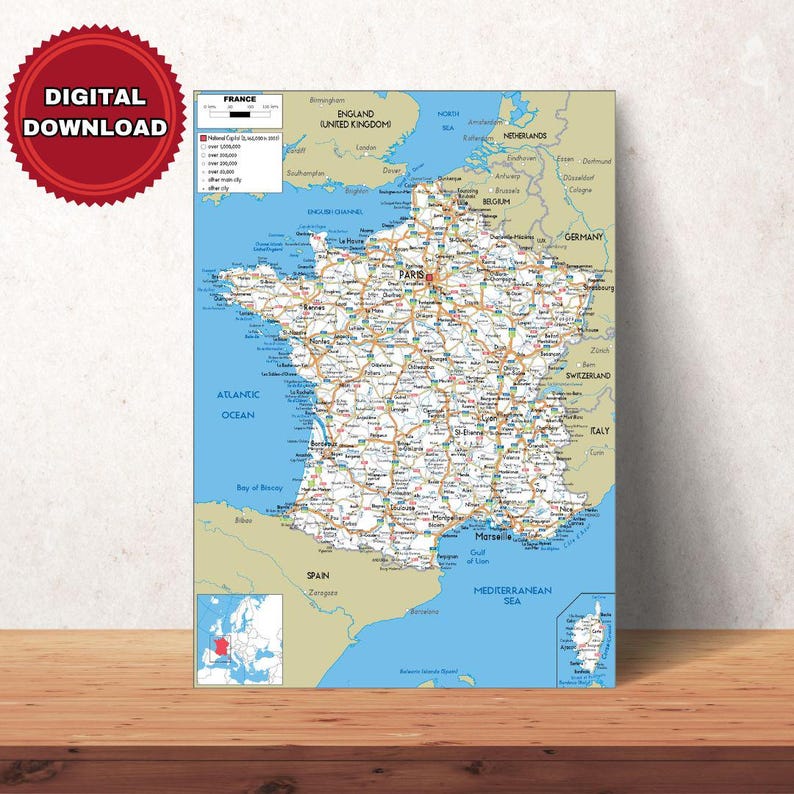 France Printable Political Map Detailed DIGITAL Mapping With Cities ...
