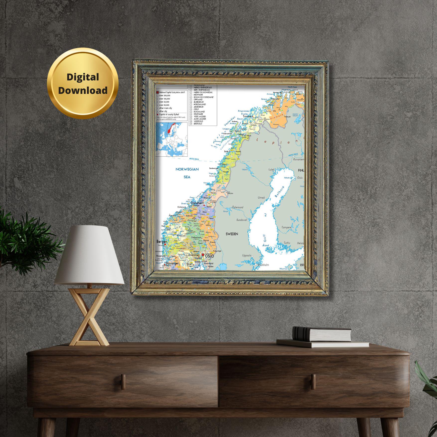 Norway Map.pdf Printable NORWAY Political Map + 2 Bonus Topography & Roads - Etsy
