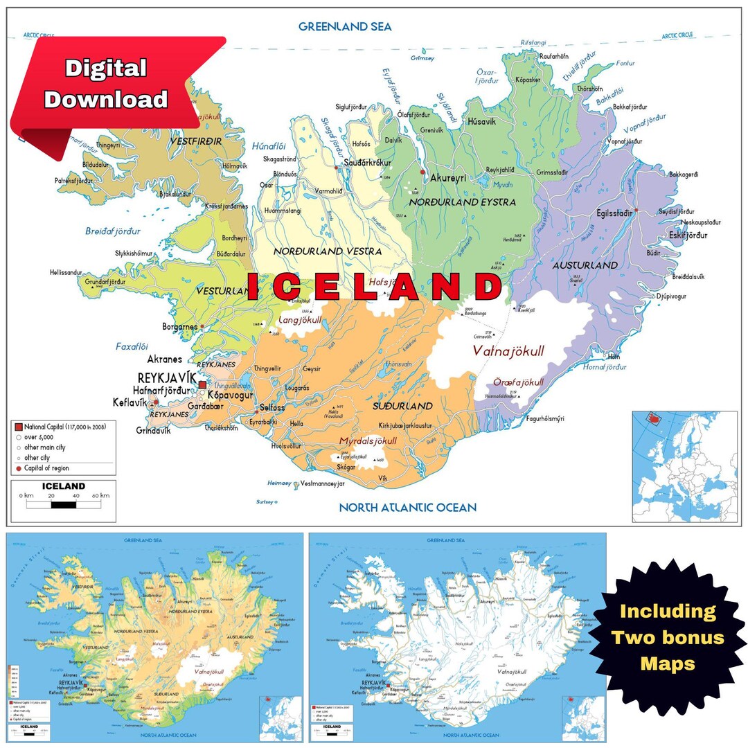 Iceland Political Map Printable + 2 Bonus Road & Topography Posters ...