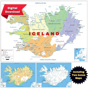 Carte politique de l'Islande imprimable + 2 affiches routières et topographiques téléchargeables en bonus (format A3)