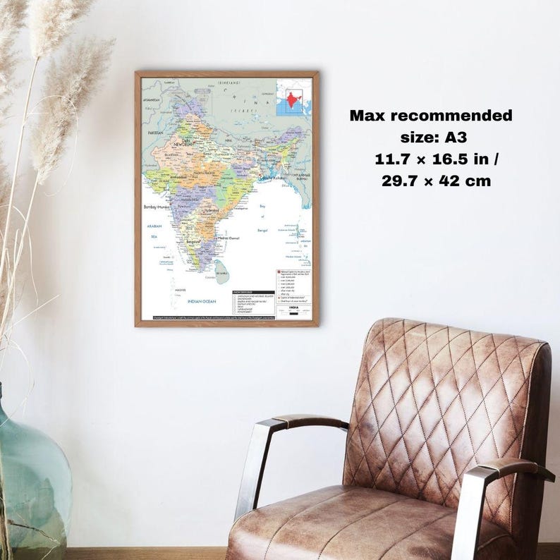 Mappa dettagliata dell'INDIA stampabile, politica, topografia e strade, formato A3, poster digitale scaricabile per istruzione, affari, viaggi o arredamento per la casa immagine 6
