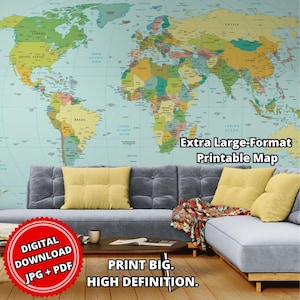 Giant Political World Map Printable | Panoramic Ultra High-Resolution Digital Download