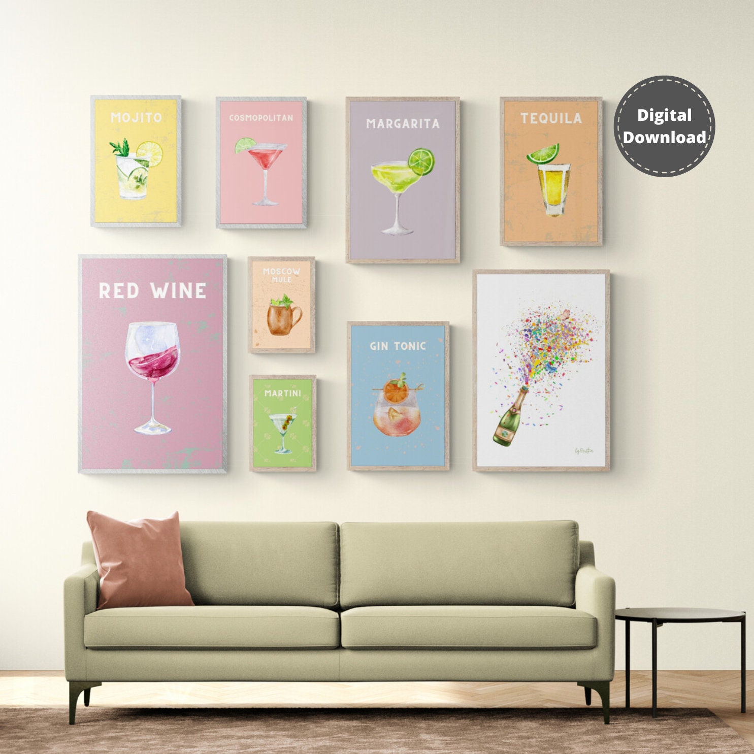 printable kitchen prints wall art, set of 6, hand... Colorful Cocktails Printable Art for Your Home Bar Modern Rec - Etsy