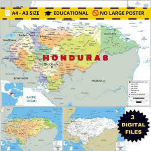 Honduras Map Set: Political, Physical & Road Network (Printable Digital Download)