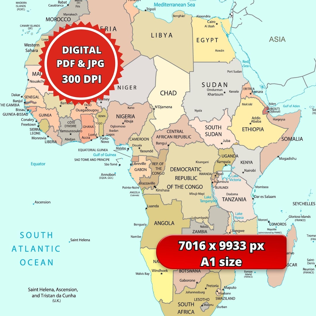 Africa Political Map Neutral Tones PDF JPG High Res 300 DPI Etsy Il 4xew 