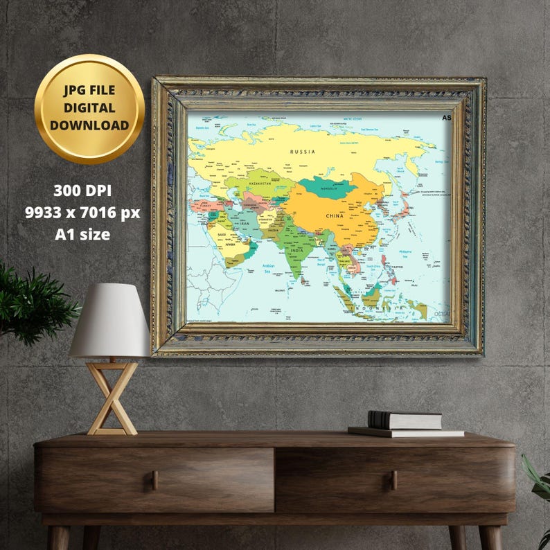Asia Map High-resolution 300 DPI (A1 Printable) JPG + PDF - Etsy