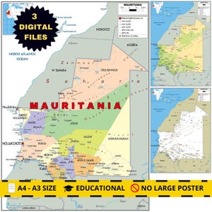 Peut inclure: Une carte numérique de la Mauritanie présentant des divisions régionales en plusieurs couleurs, avec des noms de villes et de territoires. Le visuel inclut trois versions de cartes, le texte 3 DIGITAL FILES et A4 - A3 SIZE EDUCATIONAL.