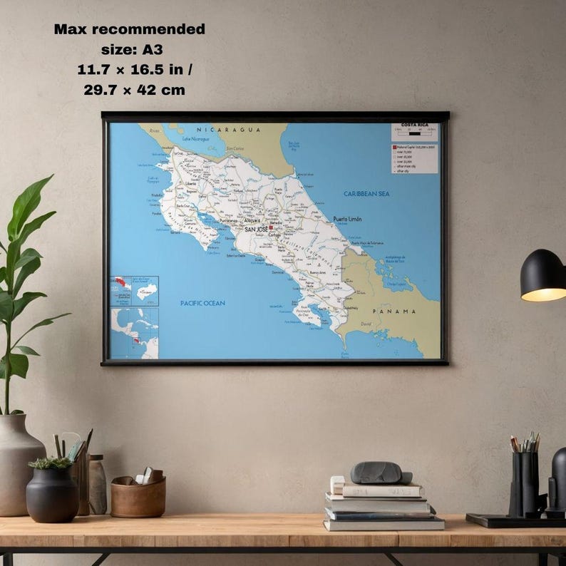 Printable COSTA RICA Political Map + Terrain & Roadways - Etsy