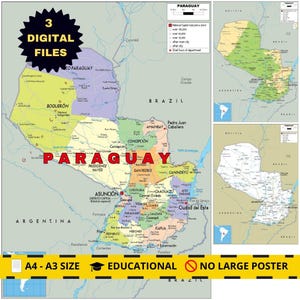 パラグアイの印刷可能な地図セット：政治、地形、道路網（A3デジタルダウンロード）