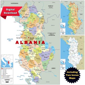 ALBANIEN Politische Karte + Topographie & Straßen (druckbar)