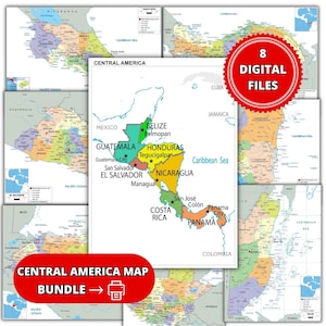 Puede incluir: Un conjunto de mapas coloridos de América Central, que muestran países como México, Guatemala y Panamá. La imagen incluye un círculo rojo con el texto "8 DIGITAL FILES" y una pancarta roja que dice "CENTRAL AMERICA MAP BUNDLE".