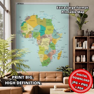 Könnte beinhalten: Eine großformatige Wandkarte von Afrika mit bunten Ländern auf hellblauem Hintergrund. Die Karte enthält Textbeschriftungen für Länder und Gewässer. Der Text auf dem Bild lautet: Extra Large-Format Printable Map, PRINT BIG. HIGH DEFINITION., DIGITAL DOWNLOAD, JPG + PNG + PDF.