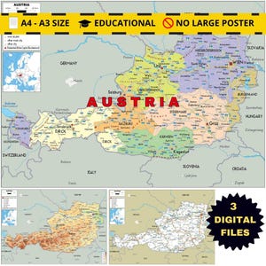 Printable AUSTRIA Political Map + 2 Bonus Road & Topography Posters A3 size Detailed Cities, Borders and regions for Travel, School or Decor
