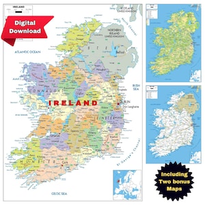 Printable IRELAND Map Set Digital Posters Political Topography & Roads A3 size for Classroom Teachers Travelers Geography lovers and Decor