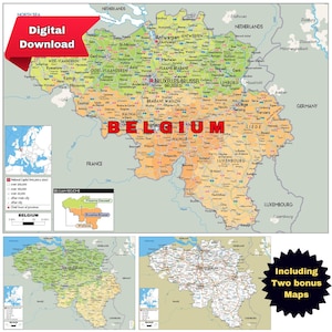 BELGIQUE Carte politique imprimable A3 Téléchargement numérique avec topographie et réseaux routiers idéal pour l'éducation, les affaires, les voyages et le bureau à domicile
