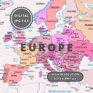 Könnte beinhalten: Eine farbenfrohe Europakarte mit Ländergrenzen und wichtigen Städten. Der Text "DIGITAL JPG FILE" und "HIGH RESOLUTION 6319 x 8947 px" ist ebenfalls enthalten.