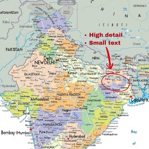 Mappa dettagliata dell'INDIA stampabile, politica, topografia e strade, formato A3, poster digitale scaricabile per istruzione, affari, viaggi o arredamento per la casa immagine 3