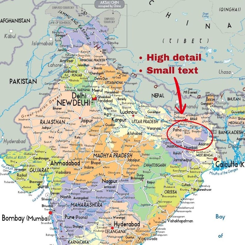 Mappa dettagliata dell'INDIA stampabile, politica, topografia e strade, formato A3, poster digitale scaricabile per istruzione, affari, viaggi o arredamento per la casa immagine 3