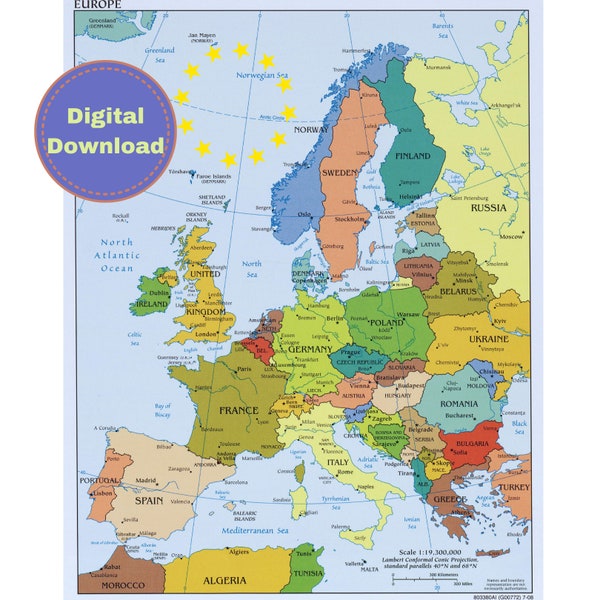 Afdrukbare politieke kaart van Europa, landen van Europa in kaart brengen, levendige politieke kaart, digitale Europese kaart, kleurrijk kantoorwanddecor