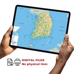 Sehr detaillierte Südkorea-Karte zum Ausdrucken, Set mit 3 Karten im A3-Format: Politische Karte, Topografie und Straßennetz – ideal für Klassenzimmer, Büro oder als Dekoration zu Hause. Bild 7