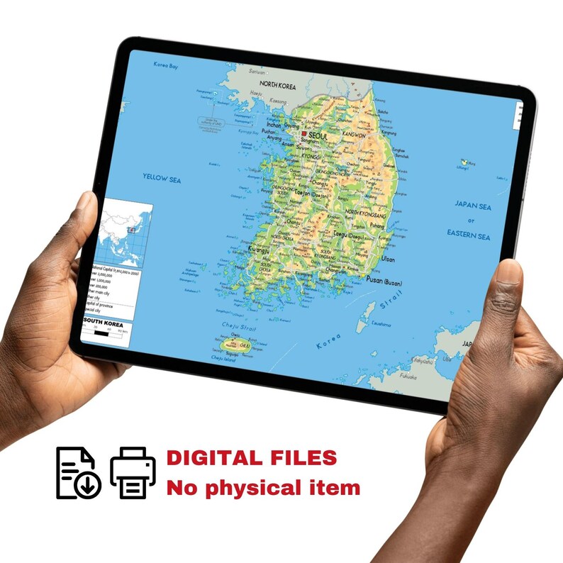 Sehr detaillierte Südkorea-Karte zum Ausdrucken, Set mit 3 Karten im A3-Format: Politische Karte, Topografie und Straßennetz – ideal für Klassenzimmer, Büro oder als Dekoration zu Hause. Bild 7