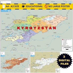 Kyrgyzstan Printable Map Set: Political, Physical & Road (Instant Digital Download) A3 size