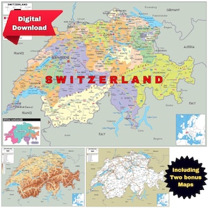 Politieke kaart van Zwitserland (afdrukbaar) + wegen en topografie