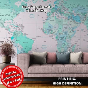 Giant Political World Map Printable – Oversized, Ultra-High-Resolution (Turquoise & Pink)