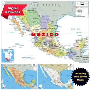 Farbenfrohe druckbare politische Karte von Mexiko im A3-Format, digitaler Download mit Topografie und Straßennetzen, ideal für Bildung, Geschäft, Reisen oder zu Hause