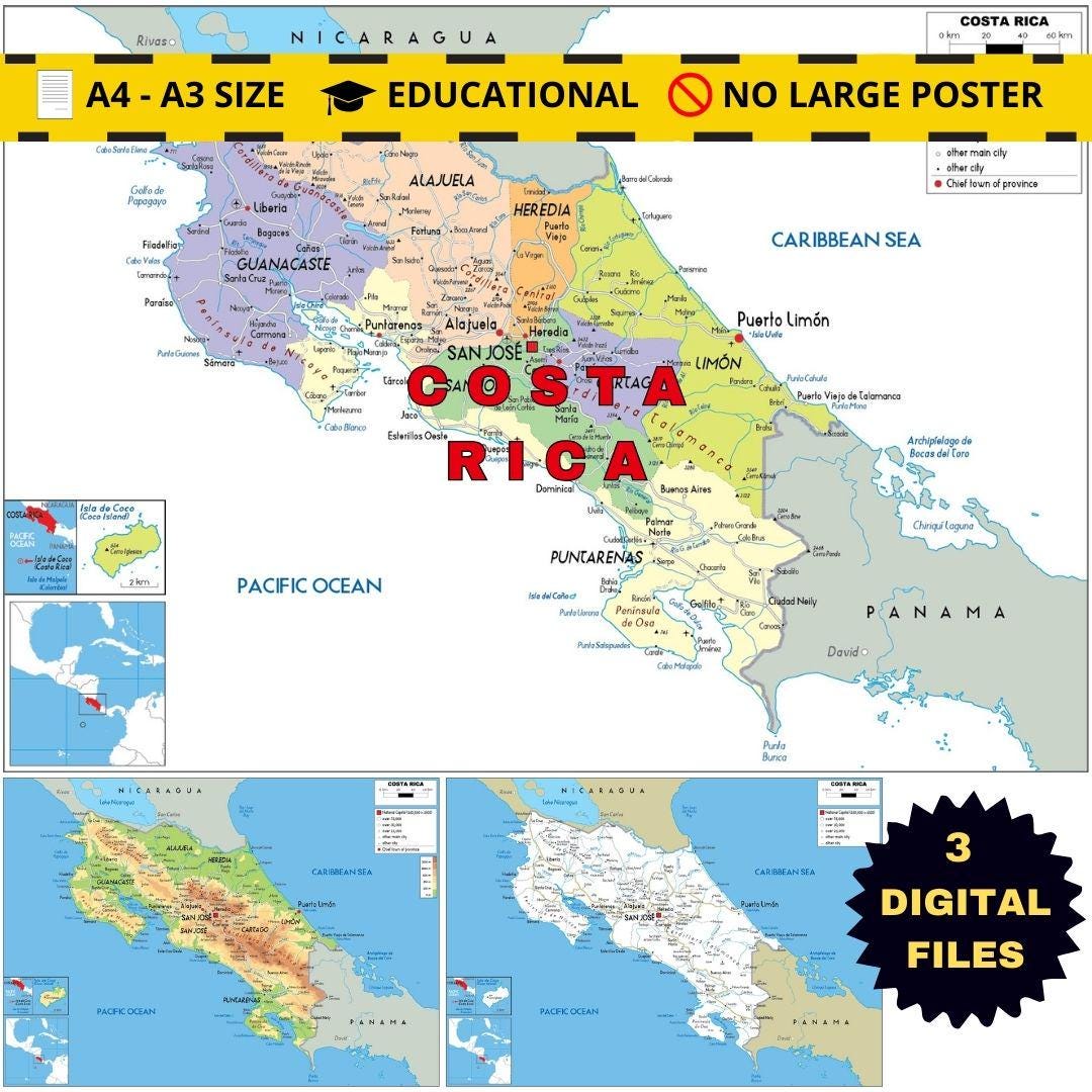 Printable COSTA RICA Political Map + Terrain & Roadways - Etsy