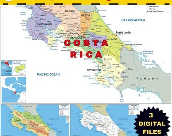 Printable COSTA RICA Political Map + Terrain & Roadways