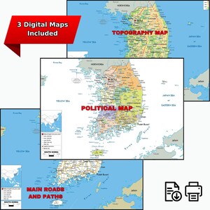 Sehr detaillierte Südkorea-Karte zum Ausdrucken, Set mit 3 Karten im A3-Format: Politische Karte, Topografie und Straßennetz – ideal für Klassenzimmer, Büro oder als Dekoration zu Hause. Bild 8