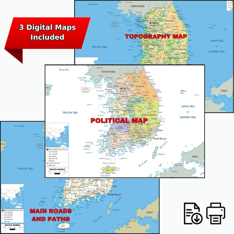 Sehr detaillierte Südkorea-Karte zum Ausdrucken, Set mit 3 Karten im A3-Format: Politische Karte, Topografie und Straßennetz – ideal für Klassenzimmer, Büro oder als Dekoration zu Hause. Bild 8