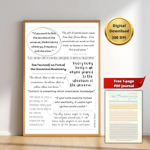 Puede incluir: Un póster enmarcado con citas de Nikola Tesla en texto negro sobre un fondo blanco. El póster incluye una insignia de descarga digital dorada y una oferta de diario en PDF gratuito. El marco es de color marrón cálido.