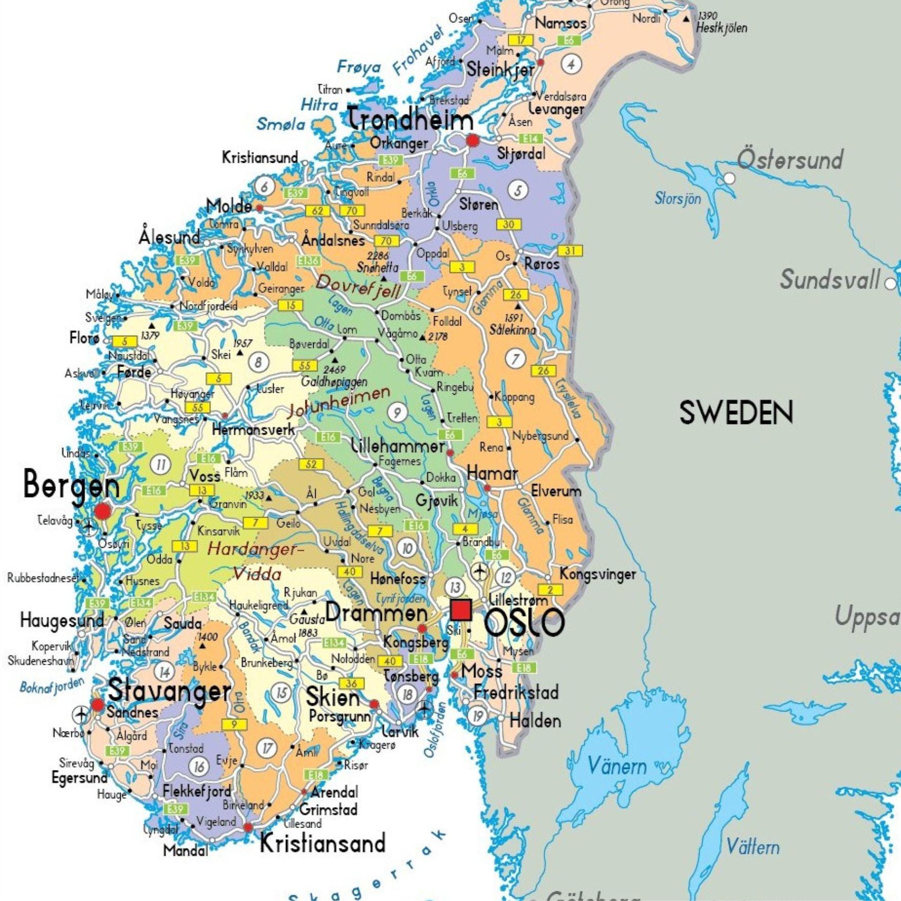 Norway Map.pdf Printable NORWAY Political Map + 2 Bonus Topography & Roads - Etsy