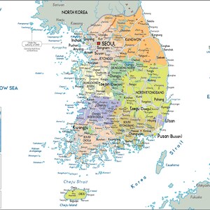 Sehr detaillierte Südkorea-Karte zum Ausdrucken, Set mit 3 Karten im A3-Format: Politische Karte, Topografie und Straßennetz – ideal für Klassenzimmer, Büro oder als Dekoration zu Hause. Bild 11