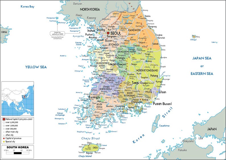 Sehr detaillierte Südkorea-Karte zum Ausdrucken, Set mit 3 Karten im A3-Format: Politische Karte, Topografie und Straßennetz – ideal für Klassenzimmer, Büro oder als Dekoration zu Hause. Bild 11