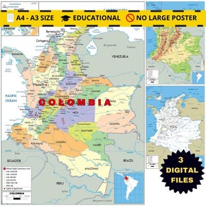 Colombia Political Map + Topography & Roads bonus