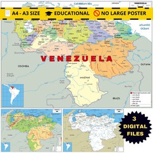 Kaartenset van Venezuela: Politiek, geografisch en wegennet (printbare digitale download)