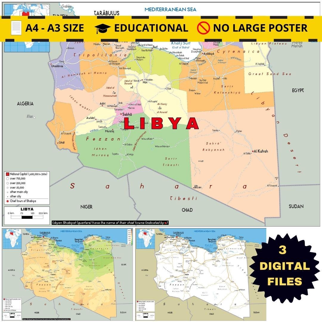Libya Mapa LIBYA Map Set: Political, Physical and Road (printable Digital Files ...