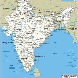 Mappa dettagliata dell'INDIA stampabile, politica, topografia e strade, formato A3, poster digitale scaricabile per istruzione, affari, viaggi o arredamento per la casa immagine 14